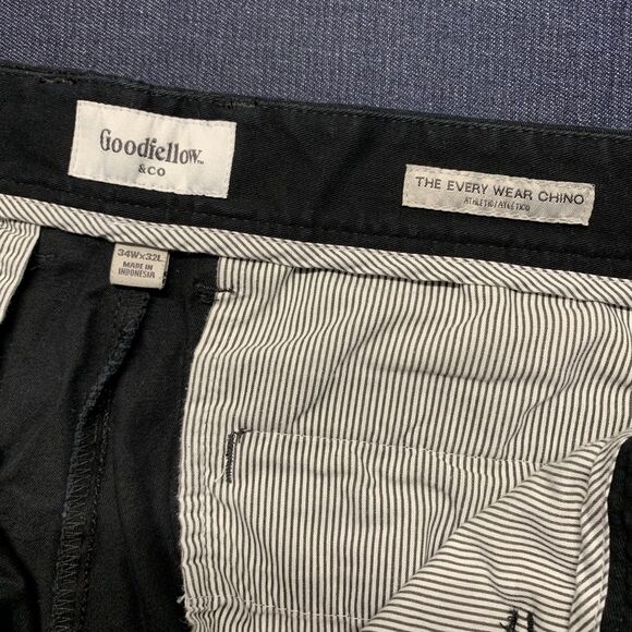 GOODFELLOW® Men Chino Black Pants Casual Work Trouser Size 34W x 32L 98% Cotton - Picture 2 of 7